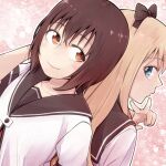  2girls back-to-back blonde_hair blue_eyes bow brown_eyes brown_hair funami_yui hair_bow long_hair looking_back moccochi multiple_girls school_uniform serafuku smile toshinou_kyouko upper_body v yuru_yuri 