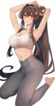  1girl adjusting_hair armpits barefoot blush breasts brown_eyes brown_hair cleavage collarbone flower grey_background grey_pants hair_flower hair_ornament highres kantai_collection kasumi_(skchkko) kneeling large_breasts long_hair looking_at_viewer navel pants pink_flower simple_background solo sports_bra very_long_hair white_sports_bra yamato_(kancolle) 