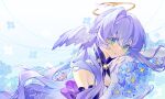  1girl absurdres aqua_eyes blue_flower dated detached_sleeves floating_hair flower gloves hair_between_eyes halo handsomening head_wings highres honkai:_star_rail honkai_(series) long_hair looking_at_viewer own_hands_clasped own_hands_together parted_lips purple_hair robin_(honkai:_star_rail) signature solo white_gloves white_wings wings 