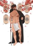  1boy abs arm_hair bara bare_pectorals beard black_kimono character_request cherry_blossoms chest_hair copyright_request cross_scar facial_hair floral_background full_body headband japanese_clothes katana kimono koji_(wildlhz) large_pectorals leg_hair loincloth long_hair male_focus male_pubic_hair mature_male muscular muscular_male navel navel_hair nipples open_clothes open_kimono pectorals petals pubic_hair pubic_hair_peek scar scar_on_chest solo stomach sword thick_thighs thighs tied_hair undressing walking weapon 