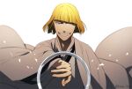  1boy bleach blonde_hair blunt_bangs fingernails grin hirako_shinji japanese_clothes jewelry kaidou_j1 looking_at_viewer male_focus reaching reaching_towards_viewer ring short_hair smile solo teeth twitter_username white_background wide_sleeves 