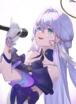  1girl :d absurdres aqua_eyes bare_shoulders blue_choker choker commentary detached_sleeves dress earrings facial_mark gloves habi_(habi_140) hair_intakes head_wings highres holding holding_microphone honkai:_star_rail honkai_(series) jewelry long_hair looking_at_viewer microphone open_mouth purple_hair robin_(honkai:_star_rail) short_sleeves simple_background smile solo upper_body very_long_hair white_background white_gloves wings 