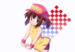  1girl bakusou_kyoudai_let&#039;s_&amp;_go!! baseball_cap bike_shorts brown_eyes brown_hair hat interlocked_fingers kaidou_zx own_hands_together pink_headwear ponytail purple_shorts sagami_jun shirt short_hair short_shorts shorts sleeveless sleeveless_shirt smile solo wristband yellow_shirt 