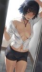  1girl areola_slip arm_up bike_shorts black_hair black_shorts blue_eyes breasts commentary_request devil_may_cry_(series) doorway heterochromia highres jewelry lady_(devil_may_cry) looking_at_viewer medium_breasts necklace nipple_slip nipples off_shoulder partially_unbuttoned patreon_username pov_doorway red_eyes scar scar_on_face scar_on_leg shirt short_hair shorts sidelighting single_bare_shoulder solo standing white_shirt zefrableu 