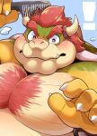 anthro blush blush_lines body_hair bowser bracelet brush brushing brushing_hair chest_hair comb_(brush) exclamation_point eyebrows hair hairbrush hi_res horn jewelry koopa looking_at_viewer male mario_bros nintendo pecs personal_grooming scalie shell solo spiked_bracelet spiked_shell spikes spikes_(anatomy) styling_hair thick_eyebrows uwsponge