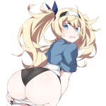  1girl ass black_panties blonde_hair blue_eyes blue_shirt clothes_pull commission cowboy_shot eyebrows_visible_through_hair gambier_bay_(kancolle) hair_between_eyes kantai_collection long_hair open_mouth panties shigino_sohuzi shirt short_sleeves shorts shorts_pull simple_background skeb_commission solo twintails underwear white_background white_shorts 