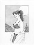  1girl bra breasts commentary english_commentary greyscale medium_breasts midriff monochrome original outdoors ponytail signature sketch smile solo terrymooreart traditional_media underwear undressing upper_body western_comics_(style) 
