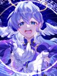  1girl absurdres aqua_eyes bead_bracelet beads bracelet detached_sleeves earrings facial_mark gloves hair_between_eyes halo hands_up head_wings highres honkai:_star_rail honkai_(series) jewelry long_hair looking_at_viewer open_mouth purple_hair robin_(honkai:_star_rail) sarakiel short_sleeves solo teeth upper_body upper_teeth_only white_gloves white_wings wings 