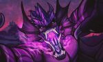  anthro big_fangs bodily_fluids castle dragon dripping ear_frill fangs frill_(anatomy) front_view grey_eyes hi_res kardinaluz looking_at_viewer male mouth_shot mythological_creature mythological_scalie mythology open_mouth outside purple_body purple_frill purple_tongue saliva saliva_drip saliva_string scalie sharp_teeth sky solo teeth tongue 
