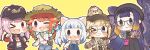  &gt;_o 5girls :3 :d ;d animal_ears animal_on_head aqua_hair bag bangs baseball_cap beret black_headwear blonde_hair blue_eyes blue_hair blunt_bangs blush_stickers braid bubba_(watson_amelia) cat_ears chibi clenched_hand commentary earrings eyebrows_visible_through_hair gawr_gura glasses grin hair_cubes hair_ornament hairclip hat heart heart-shaped_bag heart_earrings hololive hololive_english holomyth jewelry long_hair microphone mole mole_under_eye monocle_hair_ornament mori_calliope multicolored_hair multiple_girls ninomae_ina&#039;nis official_alternate_costume on_head one_eye_closed open_mouth orange_hair outline paintbrush palette_(object) pink_eyes pink_hair ponytail purple_eyes purple_hair same_anko sharp_teeth short_hair side_ponytail simple_background smile straw_hat sun_hat takanashi_kiara teeth tentacles twin_braids two-tone_hair very_long_hair virtual_youtuber watson_amelia white_hair white_outline yellow_background 