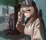  +_+ 3girls :3 adjusting_eyewear agnes_digital_(umamusume) alternate_costume alternate_hairstyle animal_ears baseball_cap behind_tree blurry blurry_background bow bowtie brown_hair chigemisoneki collarbone commentary depth_of_field ears_through_headwear fountain_pen glasses hair_bow hat highres holding holding_notebook holding_pen horse_ears horse_girl horseshoe_ornament long_hair looking_at_viewer medium_request multiple_girls notebook otonashi_etsuko pen pink_hair pov purple_shirt red_bow sailor_collar sailor_shirt school_uniform shadow shirt sidelocks smart_falcon_(umamusume) tracen_school_uniform umamusume white_bow white_bowtie winter_uniform yellow_eyes 