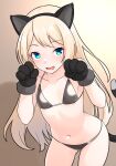  1girl animal_ears animal_hands ass_visible_through_thighs bare_arms bare_legs bare_shoulders bikini black_bikini black_gloves blonde_hair blue_eyes blush cat_ears cat_paws cat_tail collarbone cowboy_shot fake_animal_ears furaggu_(frag_0416) gloves highres jervis_(kancolle) kantai_collection long_hair looking_at_viewer navel open_mouth paw_gloves smile solo swimsuit tail 