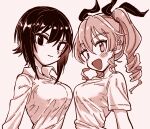  2girls :d absurdres anchovy_(girls_und_panzer) breasts drill_hair eisu_(eith) eyelashes girls_und_panzer hair_between_eyes highres long_hair medium_breasts monochrome multiple_girls nishizumi_maho short_hair sidelocks simple_background smile twin_drills twintails 