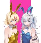  2girls absurdres ahoge animal_ears bare_shoulders blonde_hair blue_bow blue_eyes blue_leotard borrowed_character bow breasts closed_mouth detached_collar fake_animal_ears hair_between_eyes hair_ornament hairclip heart highres leotard long_hair looking_at_viewer medium_hair multiple_girls off_shoulder one_side_up original playboy_bunny rabbit_ears shenqi_xiaohuang small_breasts smile upper_body yellow_bow yellow_leotard 
