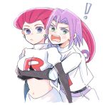  1boy 1girl atsumi_yoshioka blue_eyes blush closed_eyes crop_top hug hug_from_behind james_(pokemon) jessie_(pokemon) open_mouth pokemon pokemon_(anime) purple_hair red_hair scared tears 