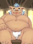  3:4 anthro asian_clothing belly blue_hair brown_body brown_fur bulge clothing east_asian_clothing eyebrows fundoshi fur ganglie_(tas) hair hi_res japanese_clothing lifewonders male mammal navel nipples overweight peto3001 sitting solo suid suina sus_(pig) thick_eyebrows tokyo_afterschool_summoners tusks underwear wild_boar 