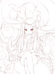  1girl abigail_williams_(fate) absurdres bow crossed_legs fate/grand_order fate_(series) hand_up hat hat_bow highres looking_at_viewer monochrome multiple_bows multiple_hat_bows nekojira red_eyes red_theme revealing_clothes sitting smile solo spot_color tentacles witch_hat 