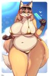  anthro big_breasts bikini blush breasts canid canine clothed clothing dessert eyewear female food fox fur hair hi_res ice_cream looking_at_viewer mammal shano_541 smile solo sunglasses swimwear thick_thighs 