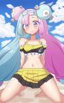  1girl absurdres alternate_costume arms_behind_back bare_shoulders bikini blue_hair blue_sky bow-shaped_hair character_hair_ornament cloud eyelashes hair_ornament highres iono_(pokemon) kneeling long_hair looking_at_viewer maho_(corotonton5150) multicolored_hair navel parted_lips pink_eyes pokemon pokemon_sv sand sky solo swimsuit twintails two-tone_bikini two-tone_hair very_long_hair yellow_bikini 