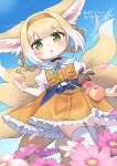  1girl :o animal_ears arknights blonde_hair blue_background blue_ribbon braid bubble_wand cloud collared_shirt commentary_request commission day dress flower fox_ears fox_girl fox_tail frilled_dress frills hair_rings highres holding kitsune kokone_(coconeeeco) kyuubi looking_at_viewer multicolored_hair multiple_tails neck_ribbon orange_dress outdoors parted_lips pink_flower puffy_short_sleeves puffy_sleeves ribbon shirt short_sleeves sidelocks skeb_commission skindentation sleeveless sleeveless_dress solo standing stuffed_animal stuffed_rabbit stuffed_toy suzuran_(arknights) suzuran_(let&#039;s_carnival!)_(arknights) tail thighhighs translation_request twin_braids two-tone_hair white_flower white_hair white_shirt white_thighhighs 