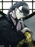  1girl black_choker black_jacket blue_eyes braid choker cigarette copyright_name dairoku_ryouhei ear_piercing glasses grey_hair indoors jacket jewelry lip_piercing long_hair necklace nezugayama_iru pants piercing plaid plaid_pants ring sitting smoking solo turukame 