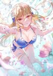  1girl bikini blonde_hair blue_bikini breasts bridal_garter cleavage collarbone flower heaven_burns_red highres hydroxy_122 long_hair orange_eyes shirakawa_yuina solo swimsuit underwater 