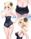  1girl adjusting_clothes adjusting_swimsuit ahoge alternate_costume animal_ears ass back bangs black_swimsuit blonde_hair blush breasts commentary_request eyebrows_visible_through_hair food hair_between_eyes hair_ornament hairclip highres hololive horns k_mugura long_hair looking_at_viewer looking_back multiple_views no_tail popsicle purple_eyes sheep_ears sheep_girl sheep_horns sideboob simple_background swimsuit tsunomaki_watame virtual_youtuber wading water white_background 