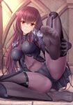  1girl absurdres bangs black_bodysuit black_legwear bodysuit breasts brown_hair closed_mouth covered_nipples denhijou_niki eyebrows_visible_through_hair fat_mons fate/grand_order fate_(series) feet foot_focus foreshortening highres long_hair looking_at_viewer medium_breasts no_shoes red_eyes scathach_(fate) shoulder_plates smile soles solo stone_floor thighhighs toes 