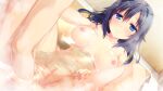  1boy 1girl bangs bathroom bathtub black_hair blue_eyes blush breasts censored closed_mouth collarbone completely_nude courreges_ace dutch_angle eyebrows_visible_through_hair game_cg goshogawara_yuuki hair_between_eyes highres indoors long_hair medium_breasts mixed_bathing mosaic_censoring nipples nude pussy shiny shiny_hair smile spread_legs watashi_ga_suki_nara_&quot;suki&quot;_tte_itte! 