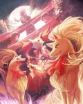  animal_focus ascot delphox fang full_moon gohei holding holding_gohei inumura_(inu_noya) moon night ninetales no_humans outdoors pokemon pokemon_(creature) red_ascot smoke torii zoroark 