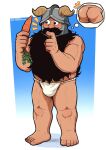  1boy absurdres ass bara baramantik beard blush carrot dungeon_meshi dwarf facial_hair fake_horns full_body fundoshi hand_on_own_chin helmet highres holding holding_carrot horned_helmet horns imminent_masturbation japanese_clothes large_hands long_beard male_focus muscular muscular_male notice_lines plump pubic_hair pubic_hair_peek senshi_(dungeon_meshi) solo standing stroking_own_chin thick_mustache thighs thinking thought_bubble topless_male very_long_beard 