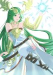  1girl absurdres breasts chain collarbone diadem dress gold_chain green_eyes green_hair highres kid_icarus kid_icarus_uprising long_hair looking_at_viewer palutena show_(0326lfs) single_thighhigh solo strapless strapless_dress thighhighs vambraces very_long_hair 