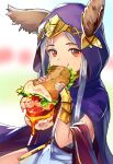  1girl animal_ears blush burger cape commentary_request ears_through_headwear eating erune food food_focus granblue_fantasy highres holding hood hooded_cape kagawa_ichigo looking_at_viewer purple_cape red_eyes sauce scathacha_(granblue_fantasy) solo two-handed vambraces 