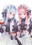  2girls alternate_costume apron black_dress blue_hair bow buttons cup dress enmaided frilled_apron frills glass_teacup glass_teapot hair_bow hat hidaka_ui highres holding holding_cup holding_teapot kotonoha_akane kotonoha_aoi long_sleeves maid maid_day matching_outfits mob_cap multiple_girls pink_hair siblings sisters standing tea teapot tying_apron upper_body voiceroid white_apron white_background white_hat 