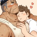  2boys :&lt; =_= bara beard_stubble blank_eyes blue_hair blush cross_scar dark-skinned_male dark_skin eyebrow_stubble facial_hair from_side hairy hand_on_another&#039;s_chest highres large_pectorals live_a_hero loving_aura male_focus male_protagonist_(live_a_hero) mature_male multicolored_hair multiple_boys muscular muscular_male nervous_sweating pectoral_cleavage pectorals scar scar_on_cheek scar_on_face scar_on_forehead short_hair shy sideburns_stubble size_difference sparse_arm_hair sparse_chest_hair sparse_stubble stubble sweat tank_top thick_eyebrows tusks two-tone_hair undercut white_tank_top yaoi yoshiori_(live_a_hero) 