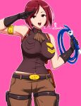  1girl bare_shoulders belt belt_buckle breasts brown_hair buckle commentary_request earrings eyebrows_visible_through_hair gloves highres holding holding_whip jewelry large_breasts okyou open_mouth pink_background salute short_hair signature simple_background smile solo standing teeth the_king_of_fighters tongue twitter_username upper_teeth whip whip_(kof) 