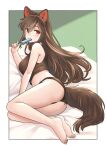  1girl animal_ears ass barefoot bikini black_bikini breasts brown_hair food full_body green_background highres holding holding_food imaizumi_kagerou long_hair looking_at_viewer on_bed red_eyes solo sweat swimsuit tail touhou wolf_ears wolf_girl wolf_tail yudepii 