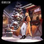  1girl :d absurdres ankle_boots bag beanie belt black_background black_footwear black_hat black_sweater blonde_hair boots bow box christmas christmas_ornaments christmas_tree christmas_wreath closed_umbrella coat coffee_cup copyright_name crossed_legs cup disposable_cup dlgeria food_stand full_body gift gift_box girls&#039;_frontline girls&#039;_frontline_neural_cloud hair_between_eyes hat highres holding holding_bag holding_cup jewelry logo long_hair looking_to_the_side menu_board night night_sky official_art orange_coat orange_umbrella outdoors pants pendant red_belt red_bow shopping_bag sky smile snow sol_(neural_cloud) solo standing star_(sky) starry_sky steam string_of_light_bulbs stuffed_animal stuffed_toy sweater sweater_tucked_in teddy_bear turtleneck turtleneck_sweater umbrella very_long_hair weibo_logo white_pants winter wreath yellow_eyes 