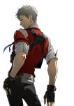  1boy absurdres back bandaid bandaid_on_head belt black_gloves closed_mouth collared_shirt fingerless_gloves gloves grey_eyes grey_hair grey_pants highres lee999nine male_focus pants persona persona_3 red_vest sanada_akihiko shirt short_hair simple_background solo standing twitter_username v-shaped_eyebrows vest white_background white_shirt 