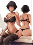  1girl ale_(ale_halexxx) ass bangs bare_arms bare_back black_bra black_hair black_legwear black_panties blue_eyes blush bra breasts cleavage collarbone commentary devil_may_cry_(series) devil_may_cry_3 dimples_of_venus english_commentary hand_on_own_chest heterochromia indoors lace-trimmed_bra lace-trimmed_legwear lace_trim lady_(devil_may_cry) large_breasts looking_at_viewer multiple_straps multiple_views nail_polish navel o-ring panties red_eyes reflection revision scar scar_on_face scar_on_nose short_hair sitting sleeveless smile thighhighs thong traditional_media underwear underwear_only 