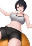  1girl ball bike_shorts black_hair breasts brown_eyes collarbone commentary_request exercise_ball hair_between_eyes hashi medium_breasts navel open_mouth original sagging_breasts short_hair simple_background solo sports_bra sweat thighs tomboy white_background 