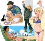  2girls 3boys absurdres affectionate beach beard bikini blonde_hair blue_sky breasts cat character_request closed_eyes cloud dark-skinned_male dark_skin day dungeon_meshi dwarf elf facial_hair feeding flower full_body hair_flower hair_ornament hairy hawaiian_shirt highres holding holding_clothes holding_swimsuit horizon kabru long_beard multiple_boys multiple_girls ocean outdoors papi_kyo pointy_ears sand senshi_(dungeon_meshi) shirt short_shorts shorts skinny sky small_breasts standing swimsuit thick_arm_hair thick_leg_hair thick_mustache tongue tongue_out water waving 