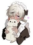  1boy absurdres alternate_costume animal apron arlan_(honkai:_star_rail) black_bow black_dress black_hair blush bow cross_scar crossdressing dark-skinned_male dark_skin dress gradient_background hair_over_one_eye highres holding holding_animal honkai:_star_rail honkai_(series) long_sleeves looking_at_viewer maid maid_headdress male_focus multicolored_hair otoko_no_ko pink_eyes ponytail scar scar_on_face simple_background streaked_hair upper_body white_apron white_background yunoru 