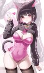  1girl alternate_costume animal_ears arm_at_side bandaid bandaid_on_hand barbell_piercing bell black_choker black_hair black_hoodie black_thighhighs blue_archive blush breasts cat_ears cat_girl cat_tail chelly_(glisten_chelly) choker closed_mouth colored_inner_animal_ears colored_inner_hair commentary_request contrapposto covered_navel cowboy_shot cropped_hoodie ear_piercing earclip earrings extra_ears fingernails groin hair_ornament hairclip halo hand_up heart highres hood hoodie industrial_piercing jewelry jingle_bell kazusa_(blue_archive) large_breasts leotard long_fingernails long_sleeves looking_at_viewer multicolored_hair nail_polish neck_bell neckerchief piercing pink_eyes pink_hair pink_halo pink_leotard pink_nails pink_neckerchief ring short_hair side-tie_leotard sleeves_past_wrists standing strapless strapless_leotard stud_earrings sweat tail thighhighs two-tone_hair v v-shaped_eyebrows zoom_layer 