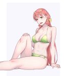  1girl :d akashi_(kancolle) bikini breasts cleavage commentary_request green_bikini green_eyes grey_background hair_ribbon highres kantai_collection knee_up large_breasts long_hair looking_at_viewer navel outstretched_arm pink_hair ribbon sitting smile solo sweat swimsuit tress_ribbon yuuji_(and) 