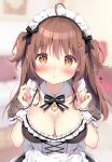  1girl :&lt; ahoge apron blurry blurry_background blush braid breasts brown_eyes brown_hair cleavage collarbone commentary_request depth_of_field dress frilled_apron frilled_dress frills hair_between_eyes hair_ornament hair_ribbon hairpin hands_up headdress heart heart_hair_ornament jewelry kokoa-chan_(pan_(mimi)) lace lace_sleeves large_breasts long_hair looking_at_viewer maid maid_day maid_headdress medium_breasts medium_hair nail_polish necklace original pan_(mimi) parted_lips pink_nails ribbon short_sleeves side_braid triangle_mouth two_side_up white_apron wrist_cuffs 