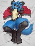  3_toes absurd_res alpineping anthro athletic bed big_feet blush claws digitigrade feet furniture generation_4_pokemon hands_behind_head hi_res looking_at_viewer lucario lying male multicolored_body nintendo on_back on_bed pokemon pokemon_(species) solo suggestive_pose thick_thighs toes 