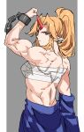  1girl absurdres asuka_shirou back biceps blonde_hair chain expressionless flexing grey_background highres horns hoshiguma_yuugi japanese_clothes muscular muscular_female oni pointy_ears red_eyes sarashi simple_background single_horn solo star_(symbol) touhou 