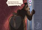  anthro anus backsack balls bear being_watched bow_tie brown_body brown_fur butt clothing dialogue door five_nights_at_freddy&#039;s five_nights_at_freddy&#039;s_4 fur fur_markings gender_symbol genitals hallway hat headgear headwear heart_symbol hi_res looking_at_another male male_symbol mammal markings nightmare_freddy_(fnaf) open_door peaking scar scottgames solo symbol tail techbun top_hat topwear yellow_eyes 