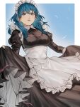  1girl abinosu0903 alternate_costume apron black_dress blue_hair border breasts byleth_(female)_(fire_emblem) byleth_(fire_emblem) dress fingernails fire_emblem fire_emblem:_three_houses frilled_apron frills highres juliet_sleeves long_hair long_sleeves looking_at_viewer maid maid_headdress medium_breasts outside_border parted_lips puffy_sleeves purple_eyes skirt_hold solo waist_apron white_apron white_border 